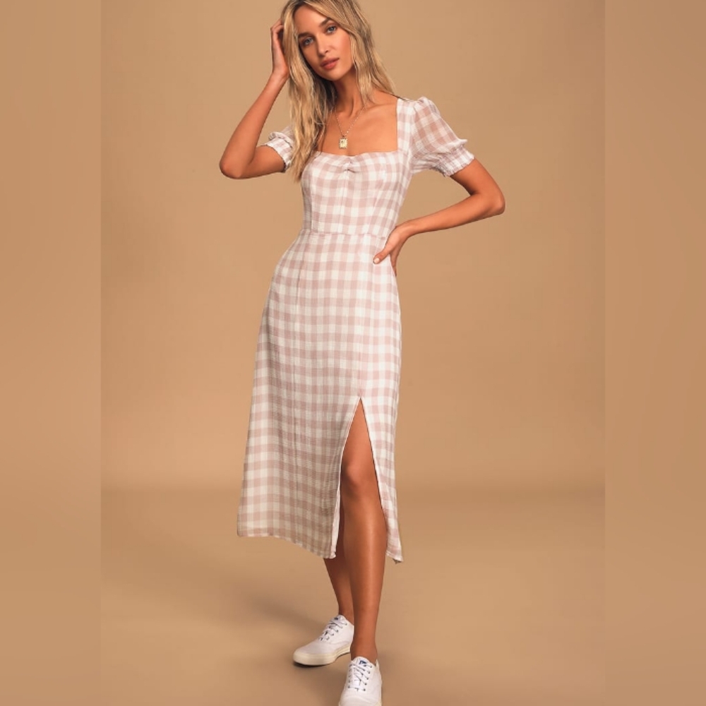 Soft Side Of Love Mauve Purple Gingham Puff Sleeve Midi Dress